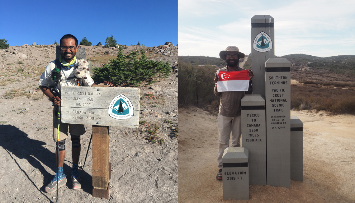 (Left) Prasatt stopped for a shot before continuing his journey to Mexico. (Right) After 4,280km and millions of steps, Prasatt finally made it to the Southern Terminus of the Pacific Crest Trail on 9 December 2016.