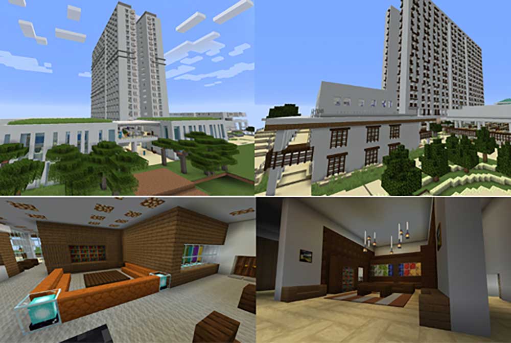 From left to right, first row: External view of Cinnamon College (USP) and Residential College 4 respectively; second row: interior view of Residential College 4 and Tembusu College respectively