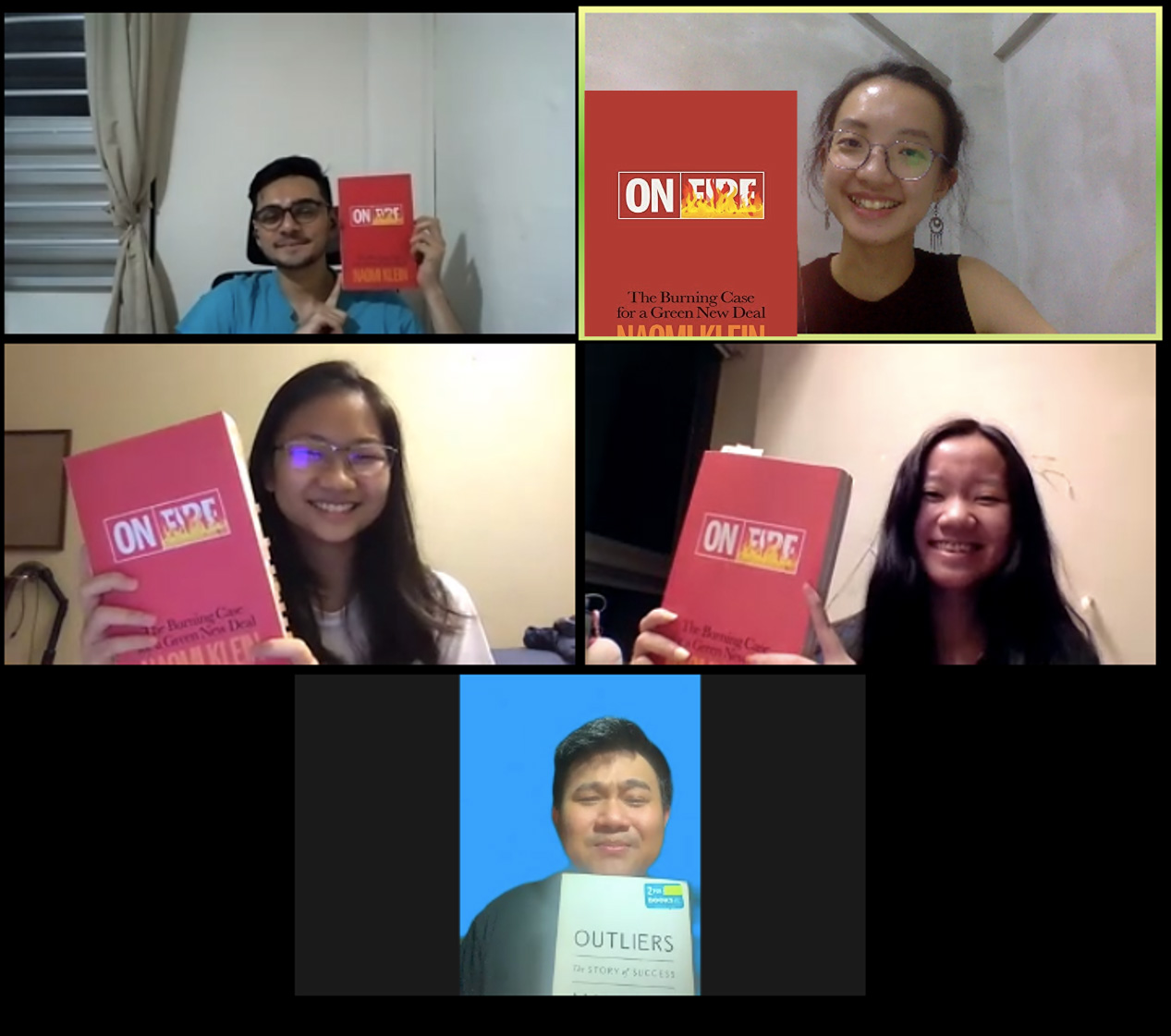 USP alum Woo Qiyun (top right) facilitating a session with her book of choice, "On Fire" by Naomi Klein.